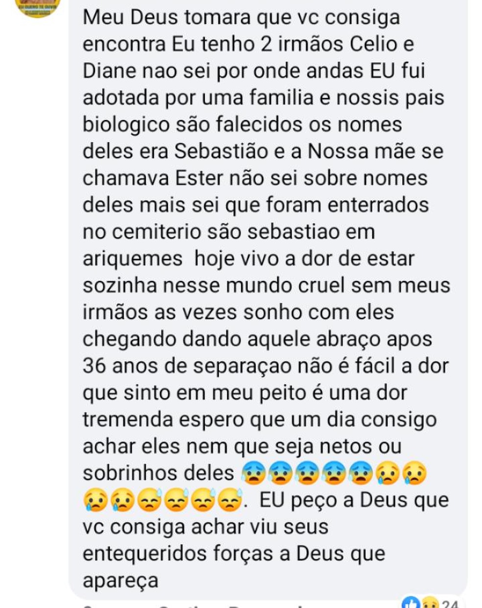 Neuza localizou a família biológica depois de comentar em uma postagem no Facebook — Foto: Reprodução/Facebook