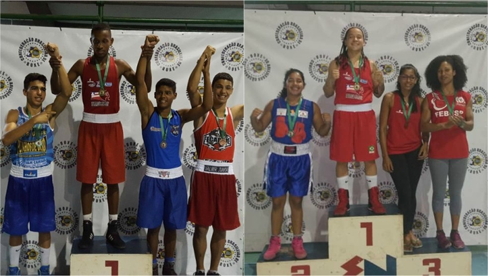 Thiago Araújo, de azul à direita, e Andressa Silva, também de azul, no pódio do Brasileiro de Boxe (Foto: CBboxe)