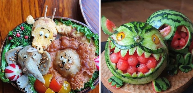 Tema de animais e, ao lado, um gato esculpido na melancia (Foto: Reprodução Instagram)