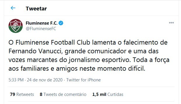 Fluminense lamenta morte de Fernando Vannucci (Foto: Reprodução/Twitter)
