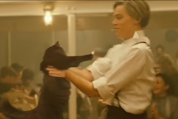 A gata Lizzie no substituindo Kate Winslet no remake bem-humorado de Titanic (1997) (Foto: Reprodução)