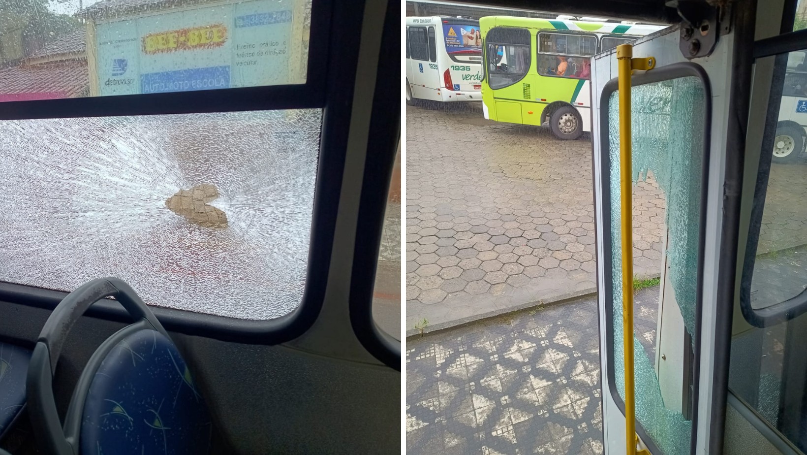 Porta e janela de ônibus ficam destruídas após veículo ser atingido por tiros em Ubatuba, SP