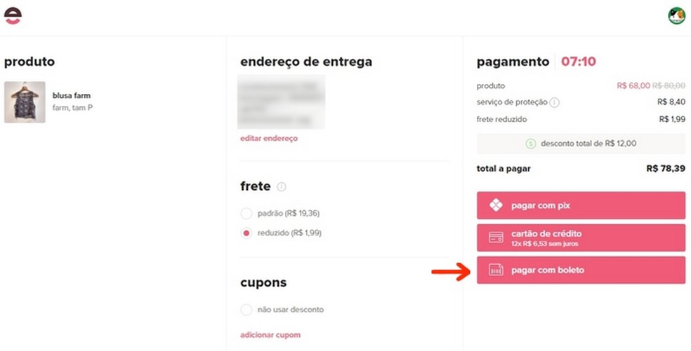 Escolha do método de pagamento da compra no site Enjoei — Foto: Reprodução/Raquel Freire