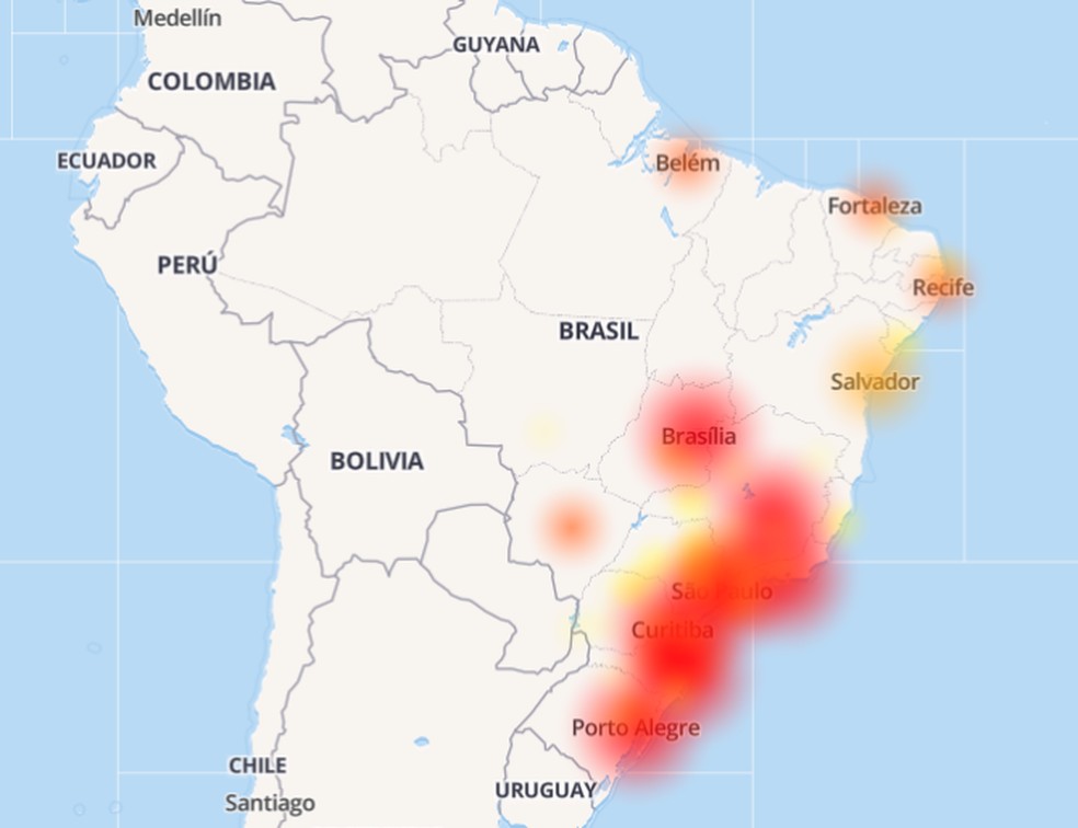 Mapa mostra pontos com queixas sobre a Vivo — Foto: Reprodução/DownDetector