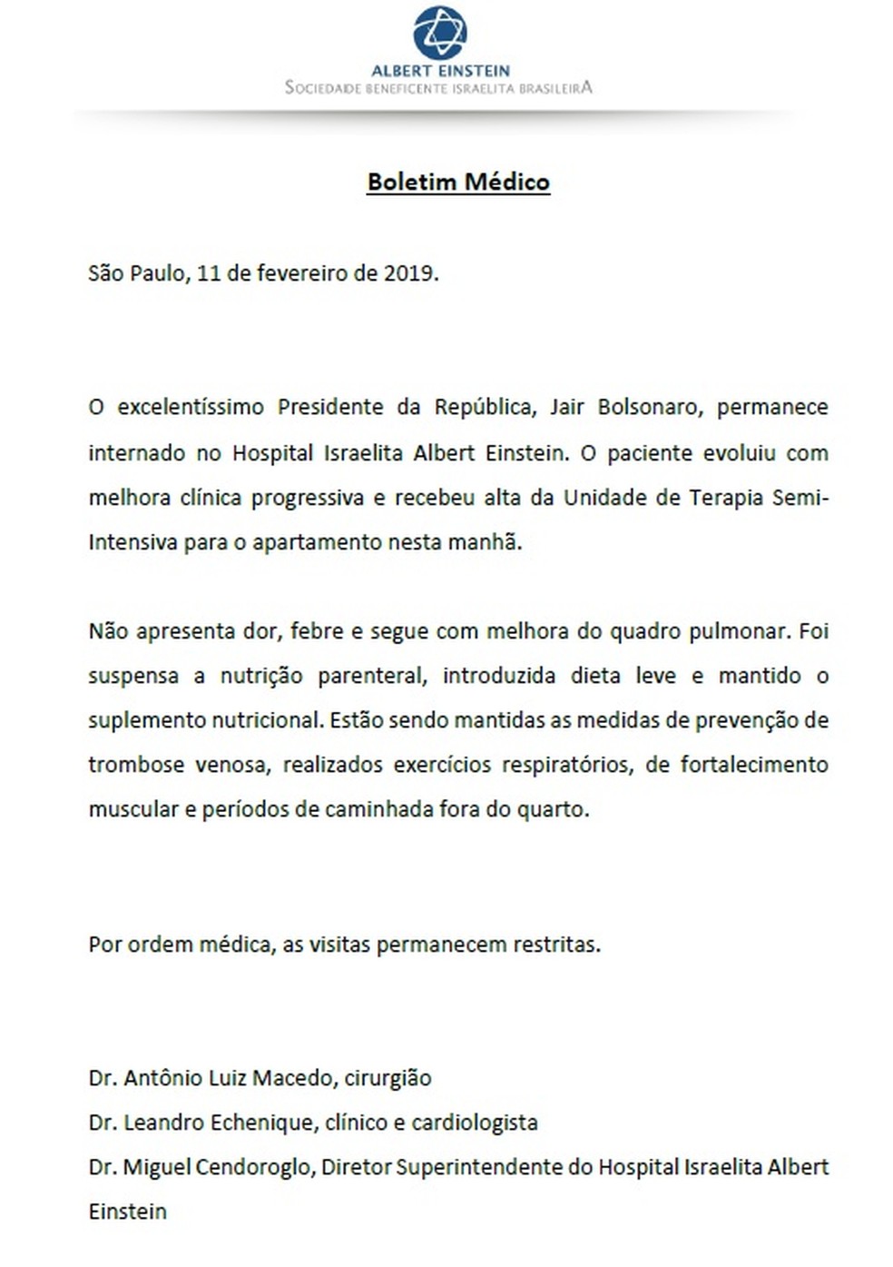 Boletim médico sobre o estado de saúde de Jair Bolsonaro nesta segunda-feira (11) — Foto: Reprodução