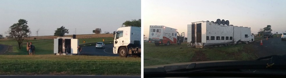 Acidente com trailer que transportava cavalos foi registrado em trevo que serve de acesso a rodovia, em Assis (SP) (Foto: Paraguacity/Divulgação)