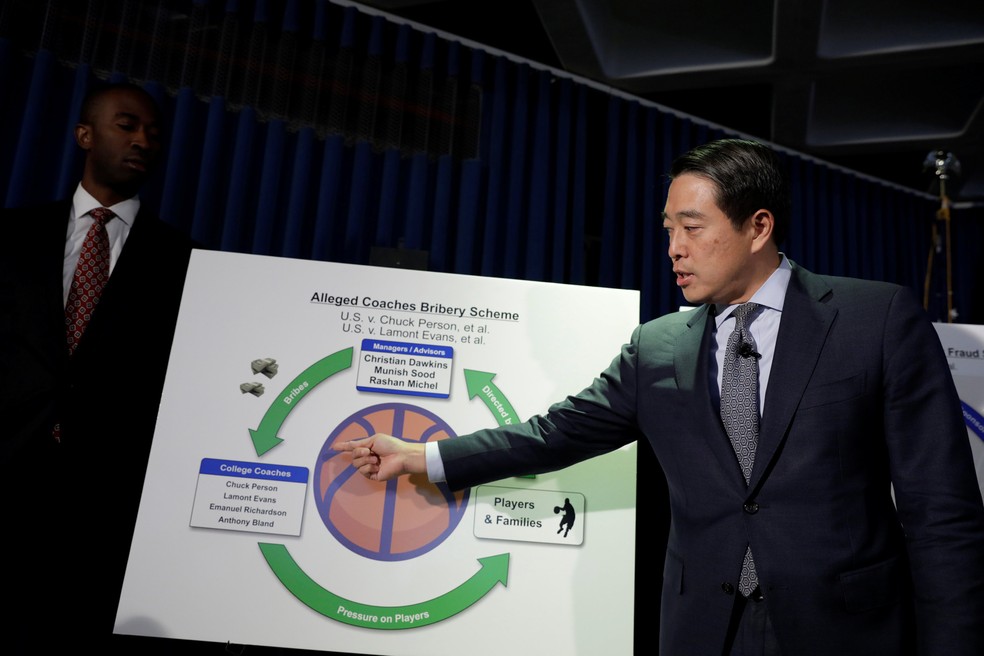 Joon H. Kim, procurador de Nova York, em apresentação sobre esquema de corrupção em liga de basquete universitário (Foto: REUTERS/Lucas Jackson)