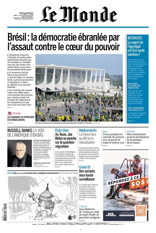 Jornal francês 'Le Monde' destaca a tentativa de derrubada da democracia no Brasil — Foto: Reprodução