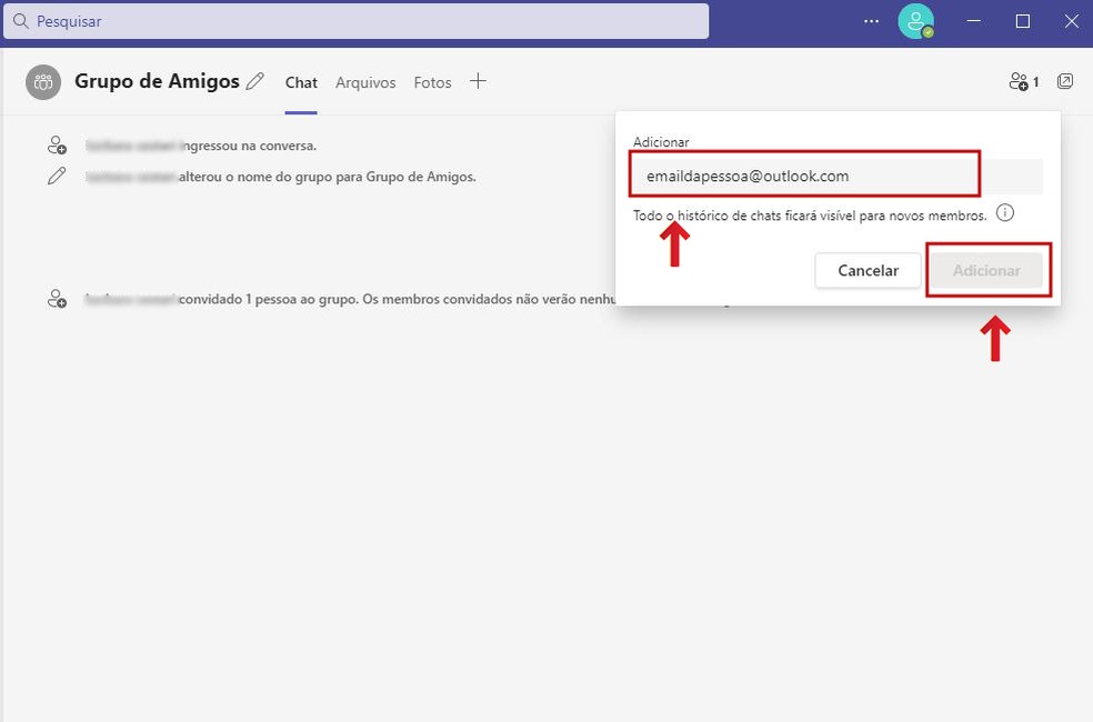 Finalizando adição de um membro ao grupo do Microsoft Teams — Foto: Reprodução/Barbara Mannara