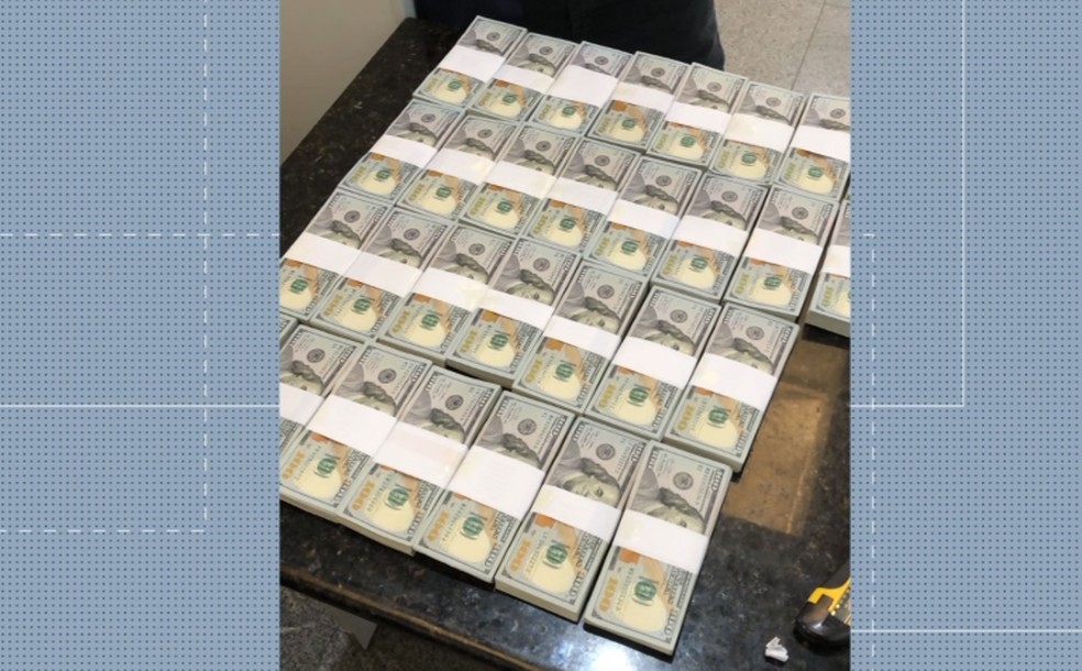 Coreano é preso com US$ 300 mil em fundo falso de mala no Aeroporto de Foz do Iguaçu — Foto: Reprodução/RPC
