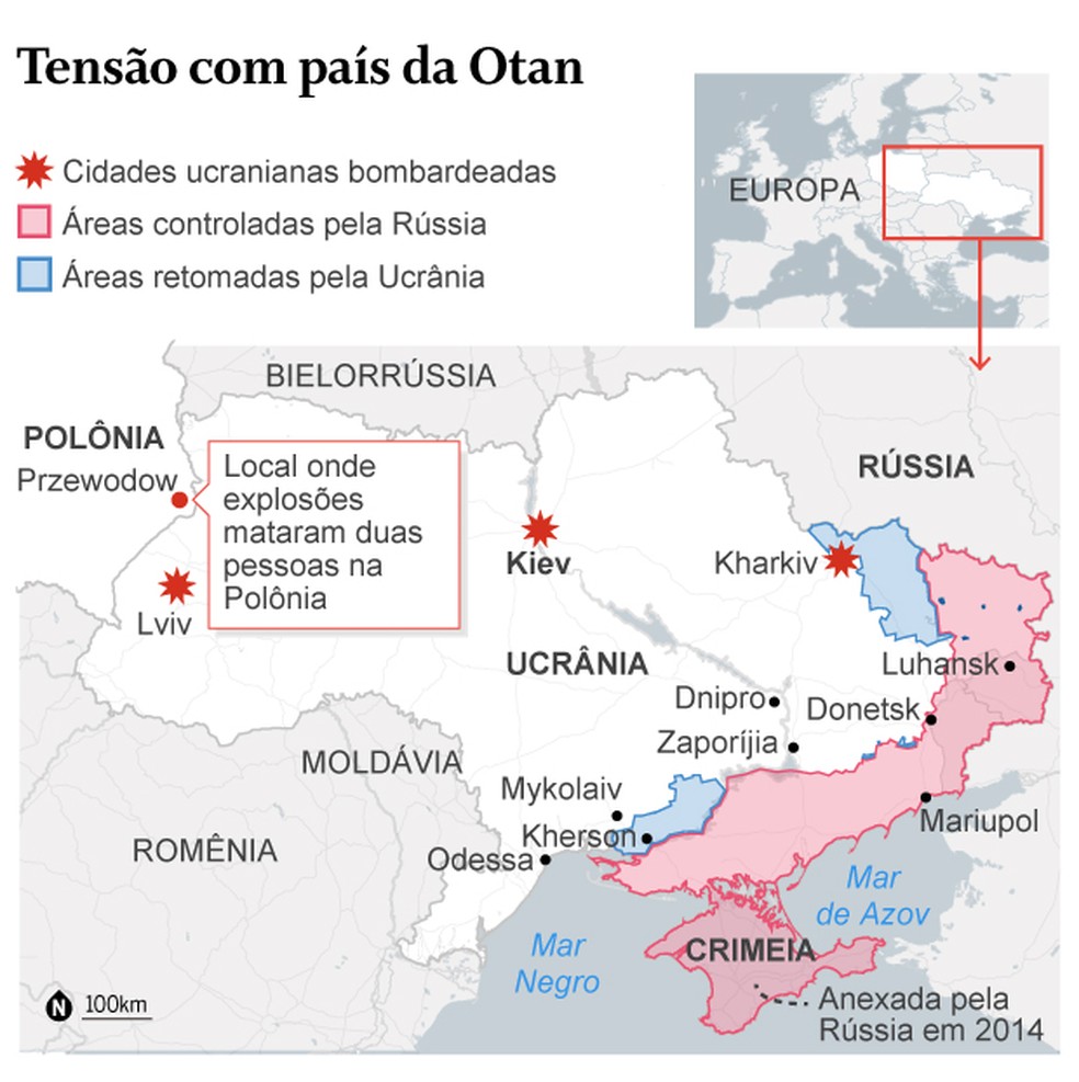 Cidade polonesa de Przewodow teria sido atingida por dois mísseis russos — Foto: Editoria de Arte / O Globo