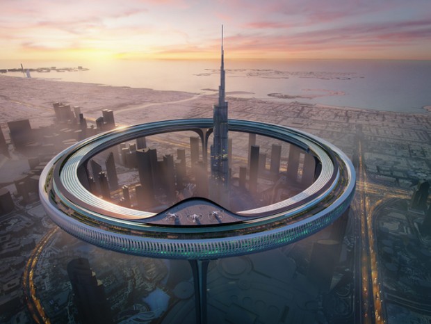 Projeto prevê cidade suspensa a 550 m de altura em círculo ao redor de Dubai (Foto: Divulgação/ZNera Space)