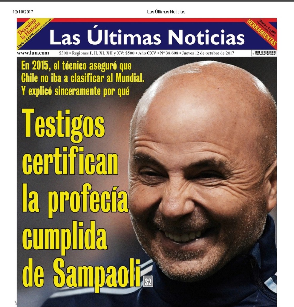 Jornal Sampaoli Chile (Foto: Reprodução/Las Últimas Noticias)