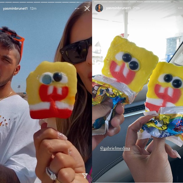 Yasmin Brunet e Gabriel Medina se divertem com sorvete de personagem “desfigurado” (Foto: Reprodução)