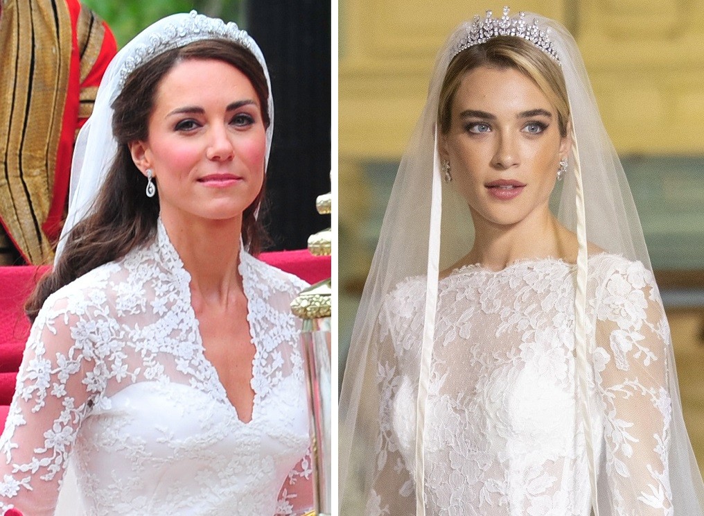 Vestido de noiva de Kate Middleton serviu de referência para modelo usado por Érica (Marcela Fetter) em Pantanal (Foto: Getty Images e João Miguel Jr/TV Globo)