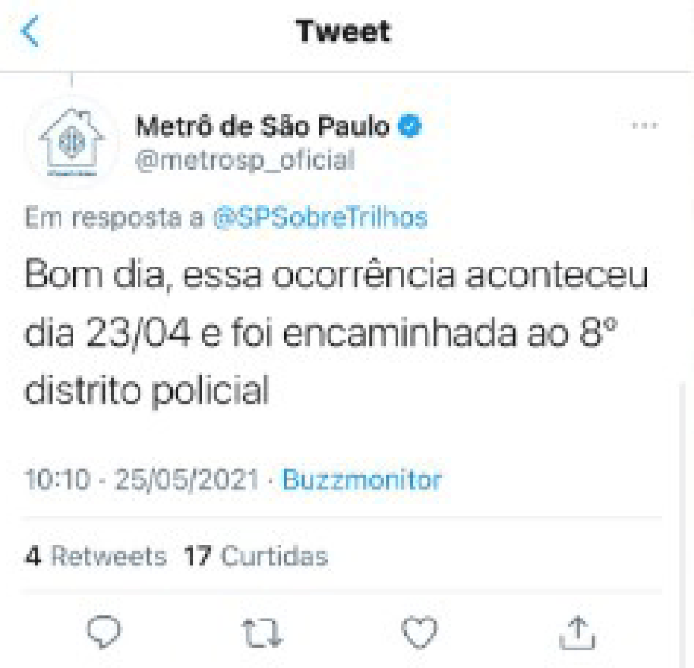 Metrô de SP publicou em seu Twitter oficial nesta terça-feira (25) informação sobre o vídeo que circula nas redes sociais — Foto: Reprodução/Redes sociais