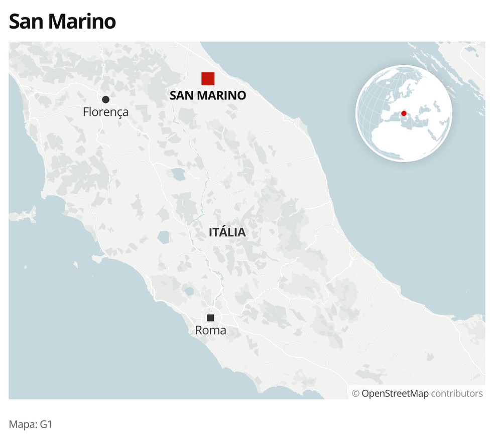 Mapa com a localização de San Marino, um país de 33 mil habitantes, do tamanho da ilha de Manhattan, encravado no nordeste da Itália — Foto: g1 Mundo