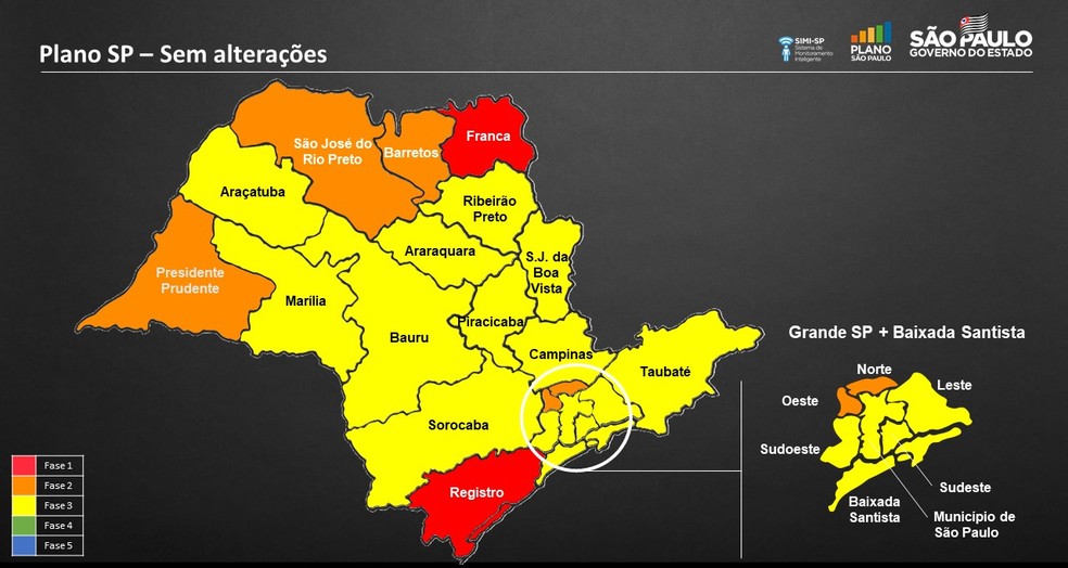 Mapa do Plano São Paulo permaneceu sem alterações nesta sexta-feira (14) — Foto: Governo do Estado de São Paulo/Divulgação