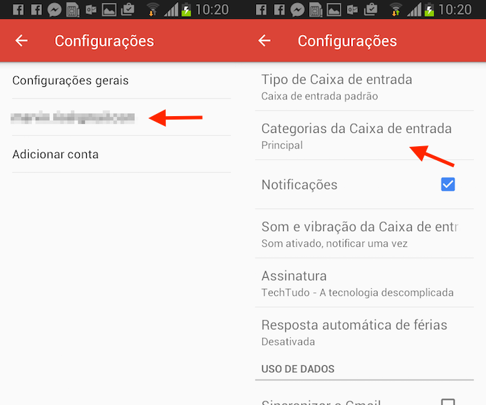 Caminho para acessar as configurações para guias do Gmail para Android (Foto: Reprodução/Marvin Costa) 