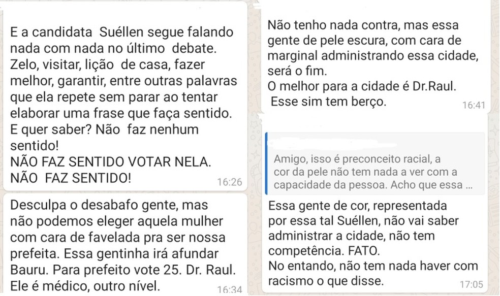 Mensagens com conteúdo racistas contra a prefeita de Bauru foram divulgadas no Whats App  — Foto: WhatsApp/Reprodução