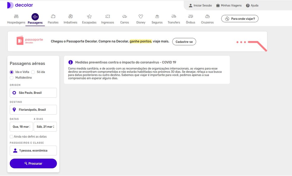 Tela do site da Decolar.com informa que compra de passagens não estão habilitadas para os próximos 30 dias — Foto: Imagem de tela