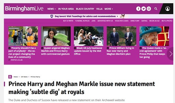 A chamada do Birmingham Mail para a matéria acusando a suposta alfinetada do Príncipe Harry e da atriz Meghan Markle na realeza (Foto: Reprodução)