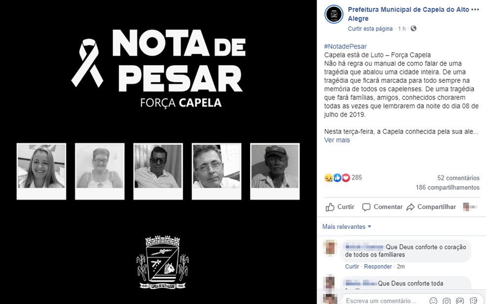 Prefeitura de Capela do Alto Alegre decreta luto após acidente com cinco mortos na Bahia — Foto: Reprodução/Facebook