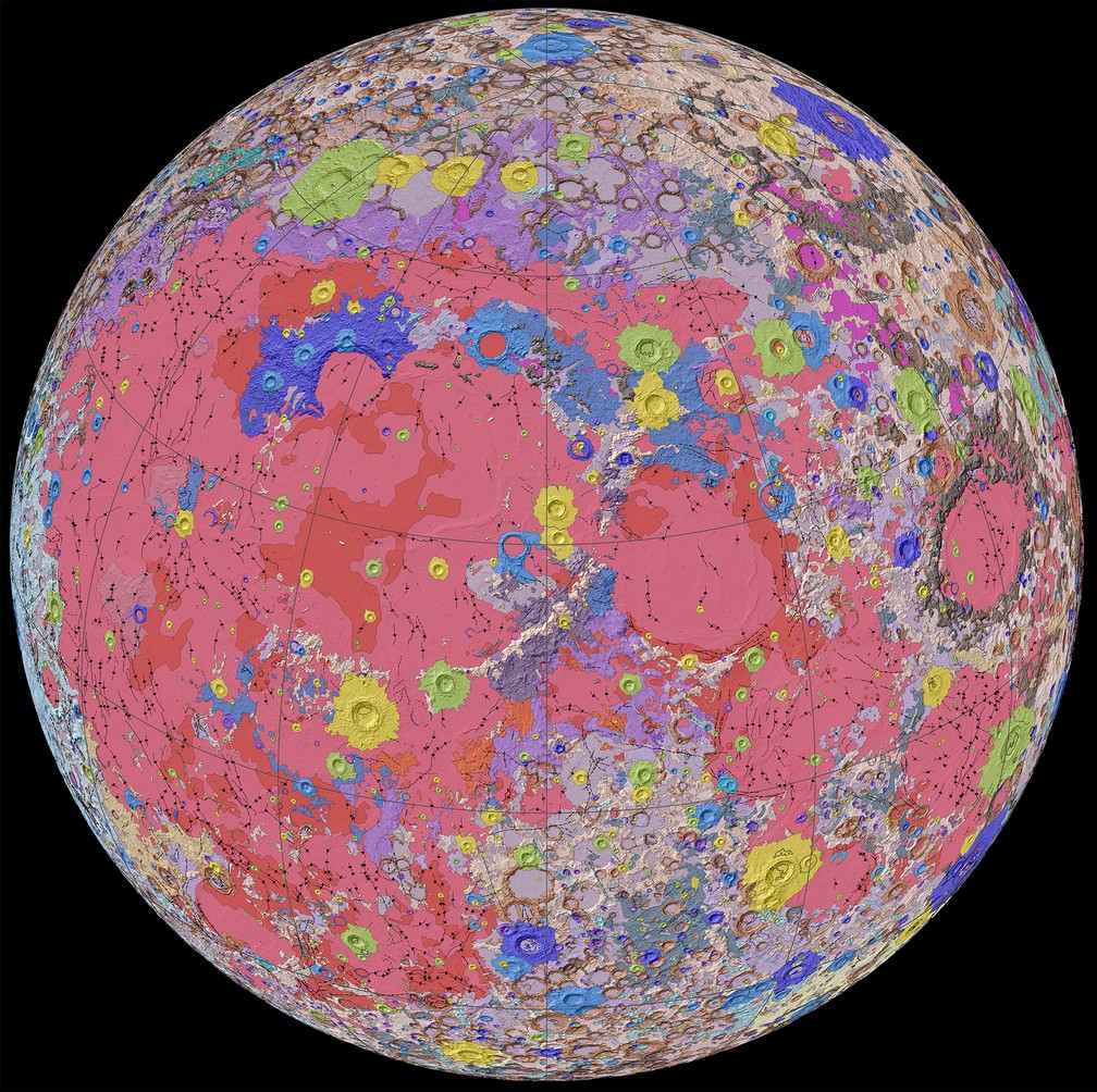 Face da Lua voltada para a terra, vista no Mapa Geológico Unificado da Lua — Foto: NASA/GSFC/USGS