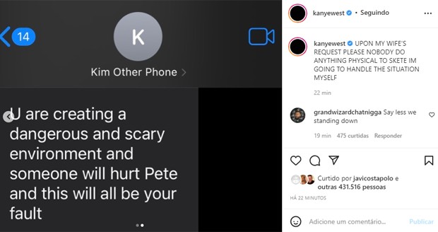 Kanye West posta supostas conversas com Kim sobre Pete Davidson (Foto: Reprodução/Instagram)