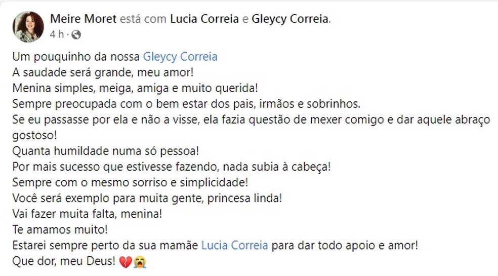 Amiga lamenta morte de ex-miss Gleycy Correia  — Foto: Reprodução