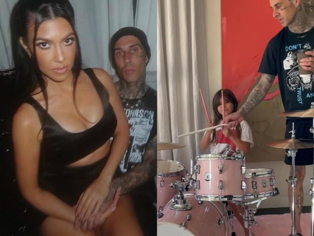 Travis Barker ensina filha de Kourtney Kardashian a tocar bateria (Foto: Reprodução/Instagram)