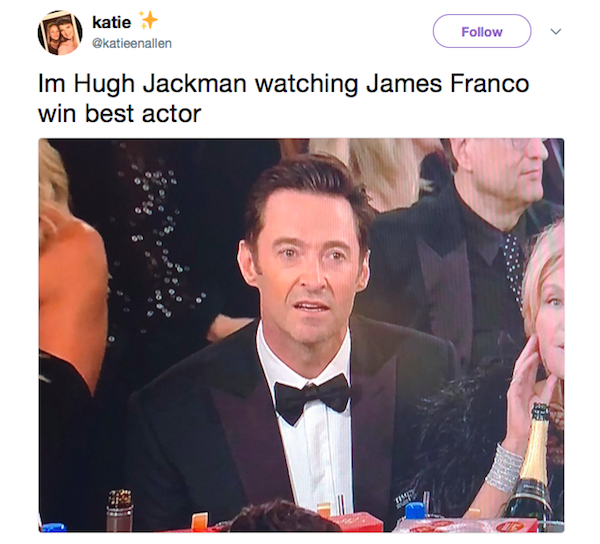 Uma piada com a reação de Hugh Jackman no Globo de Ouro 2018 (Foto: Twitter)