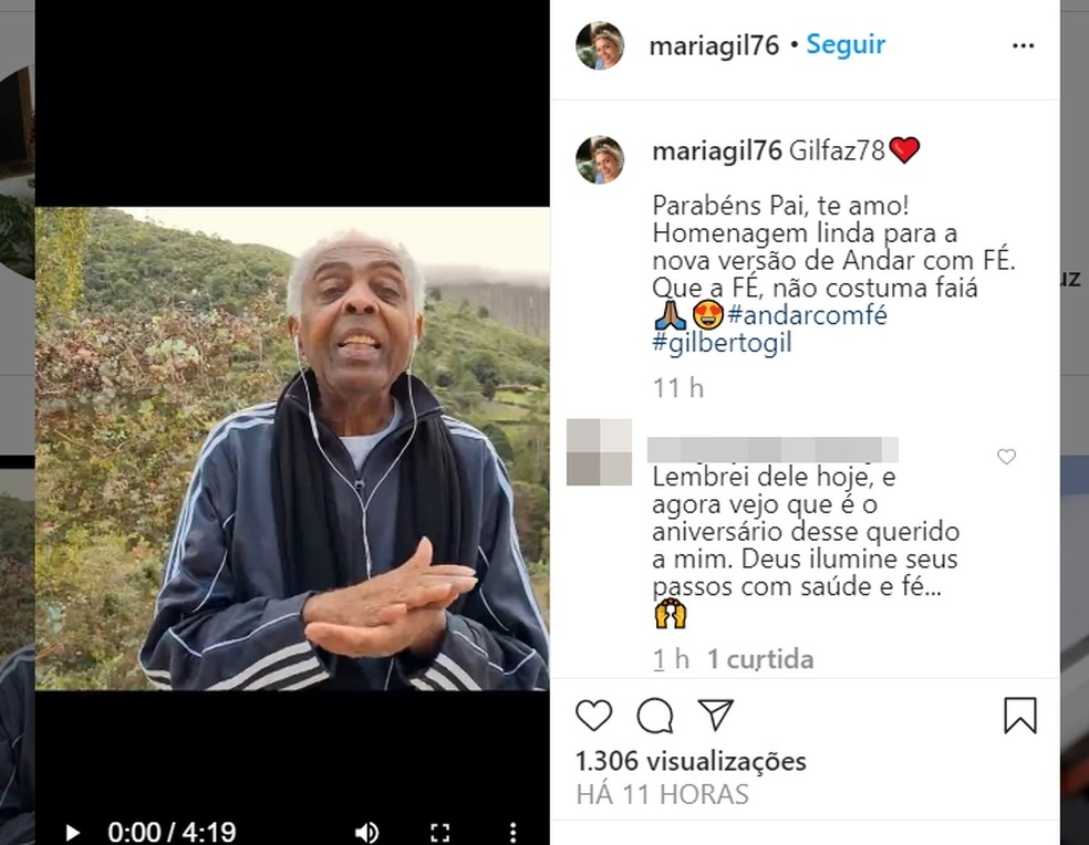 Maria Gil prestou homenagem ao pai, Gilberto Gil, que completa 78 anos nesta sexta (26). — Foto: Reprodução/Redes sociais