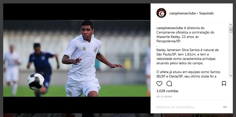ContrataÃ§Ã£o de Kesley foi anunciada nas redes sociais do Campinense (Foto: ReproduÃ§Ã£o / Instagram)