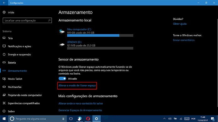 Usuário pode alterar como o Sensor de Armazenamento libera espaço no Windows 10 (Foto; Reprodução/Elson de Souza)