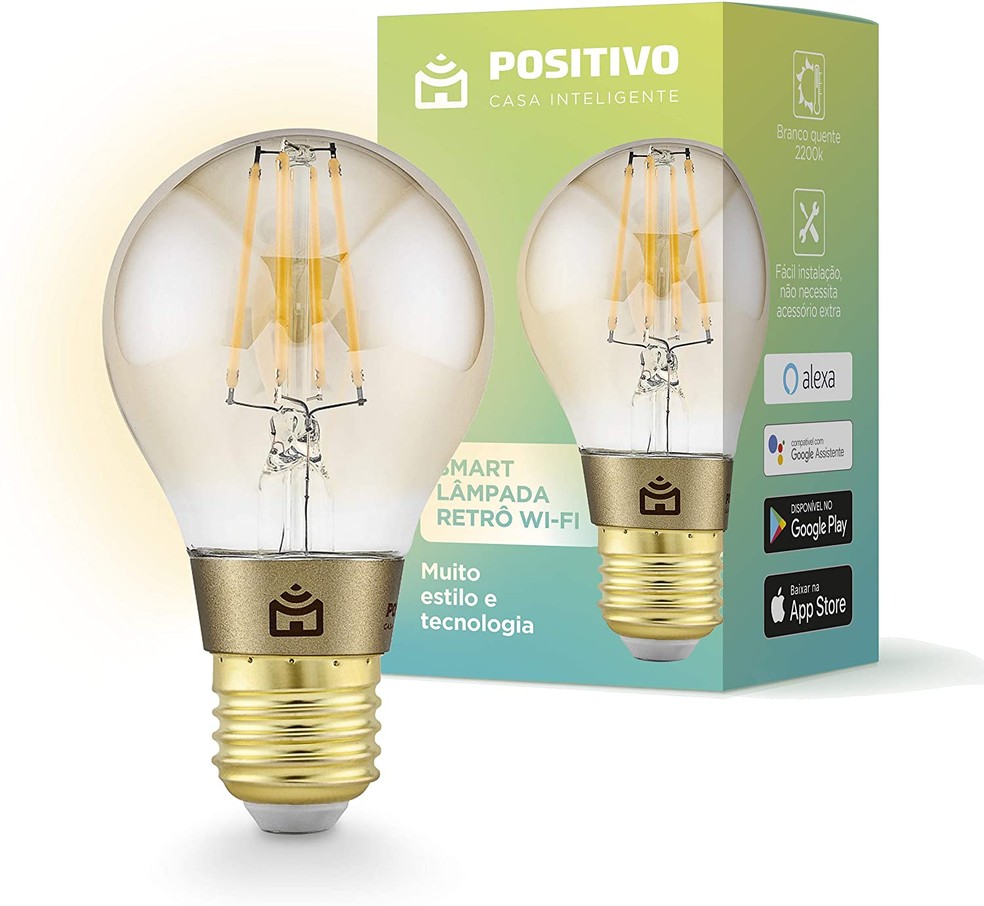 Lâmpada smart da Positivo tem design que lembra antigas lâmpadas de filamento — Foto: Divulgação/Positivo