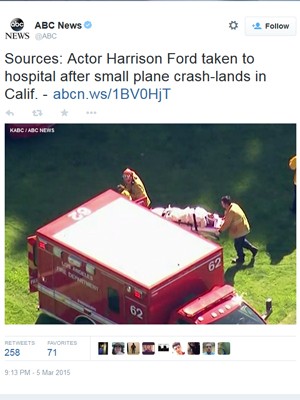 Rede ABC mostra atendimento a Harrison Ford nos EUA (Foto: Reprodução / Twitter)