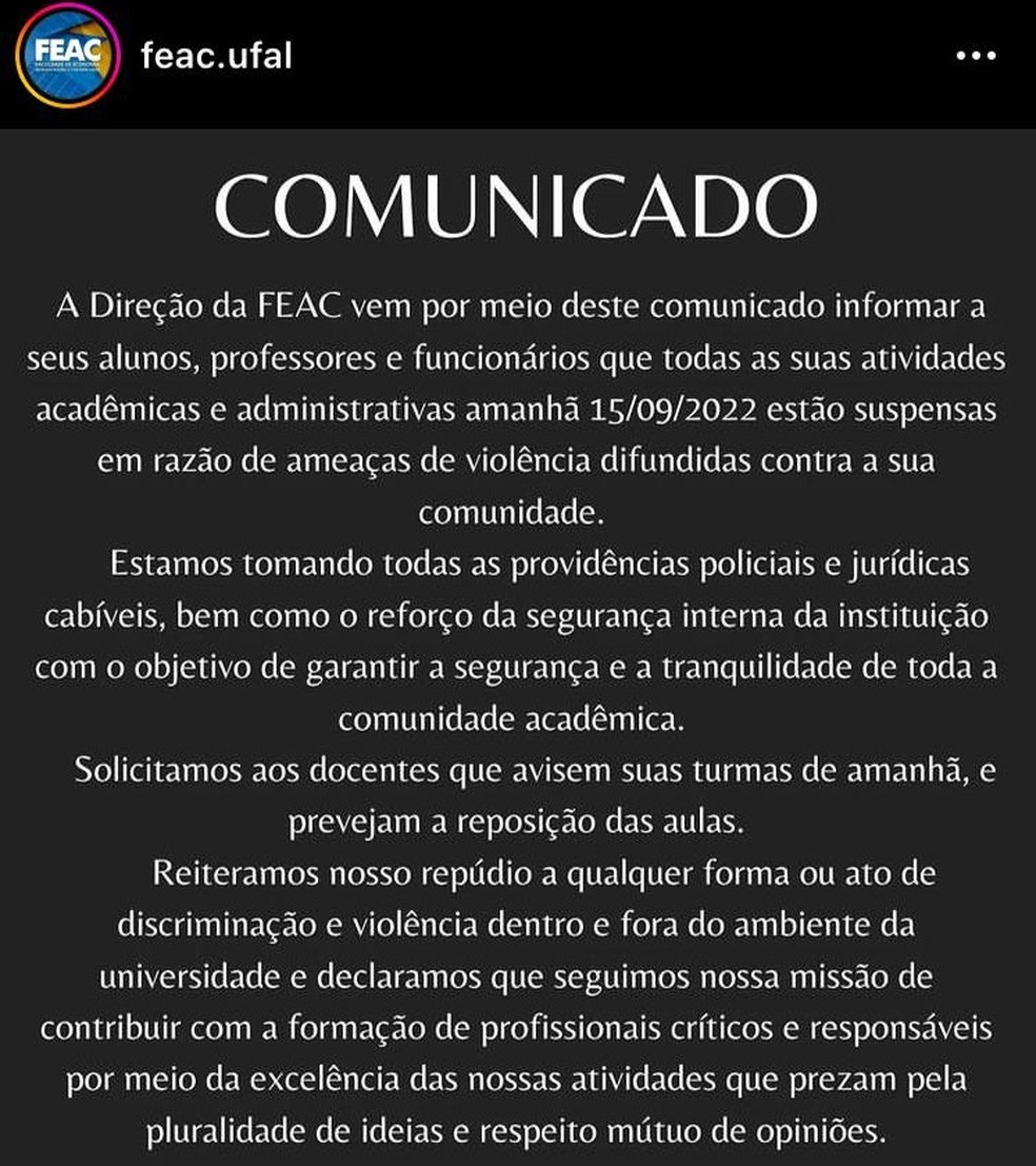 Comunicado da Faculdade de Economia, Administração e Contabilidade da Ufal sobre suspensão das atividades após ameaça de aluno — Foto: Reprodução/Instagram