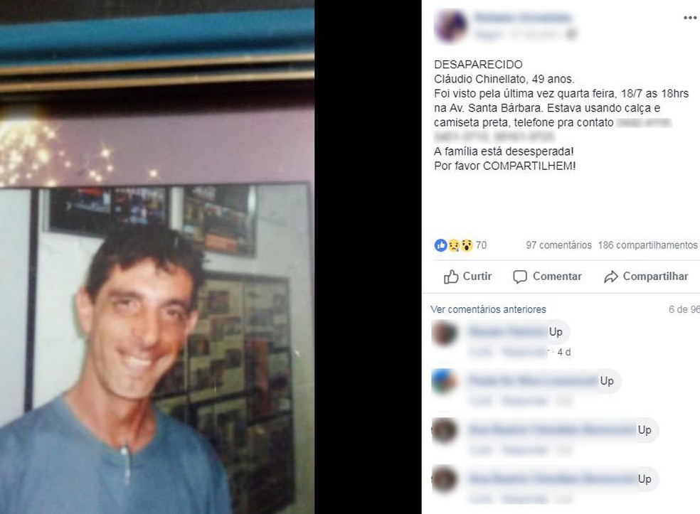 Corpo de Cláudio Chinellato foi encontrado em um córrego do Anel Viário de Limeira (Foto: Reprodução/Facebook)