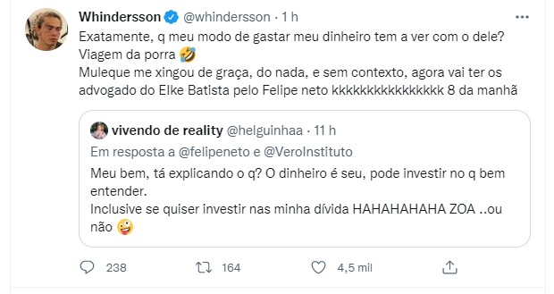 Whindersson Nunes diz que foi xingado de graça e que Felipe Neto irá pagar advogado de jornalista (Foto: Reprodução/Twitter)