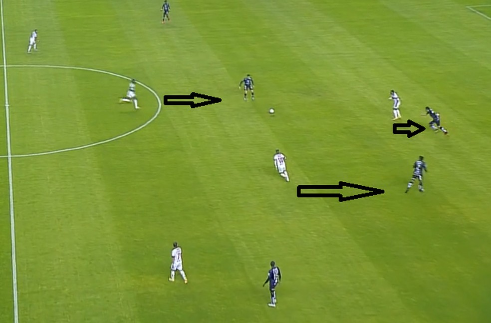 Gerson e Diego pressionam os zagueiros do Del Valle, enquanto Gabigol vigia de perto o volante Pellerano — Foto: Reprodução