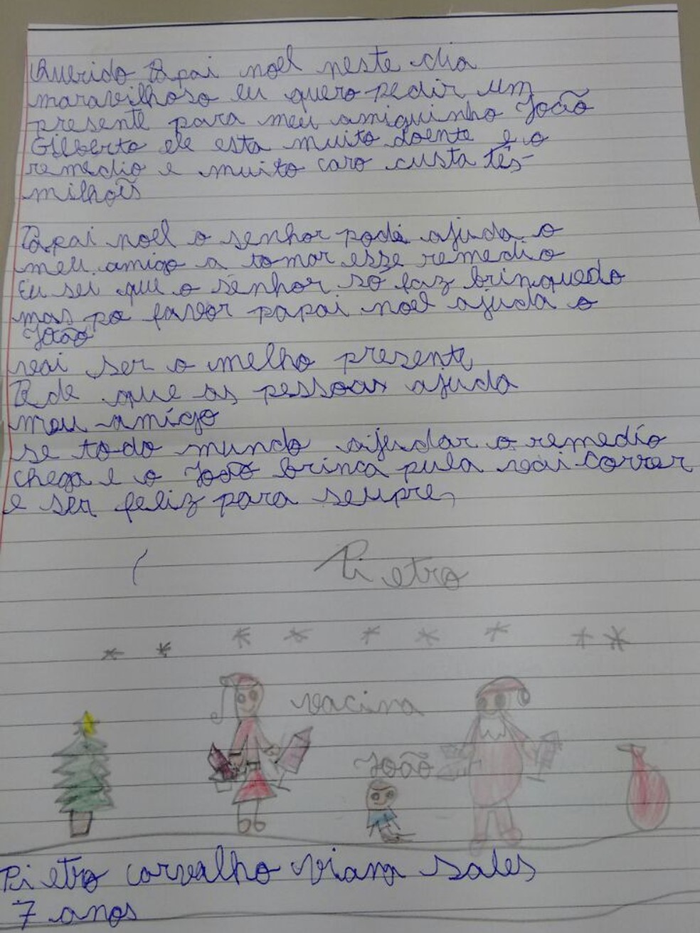 Menino faz carta para o Papai Noel e pede remédio para 