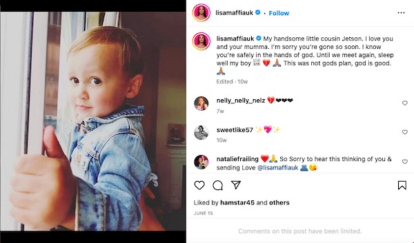 O post da cantora inglesa Lisa Maffia lamentando a morte do primo de um ano (Foto: Instagram)