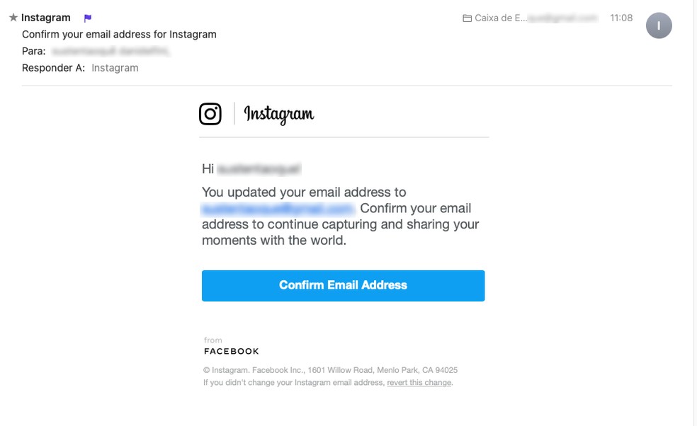 Instagram avisa por e-mail de mudança de senha e e-mail — Foto: Reprodução
