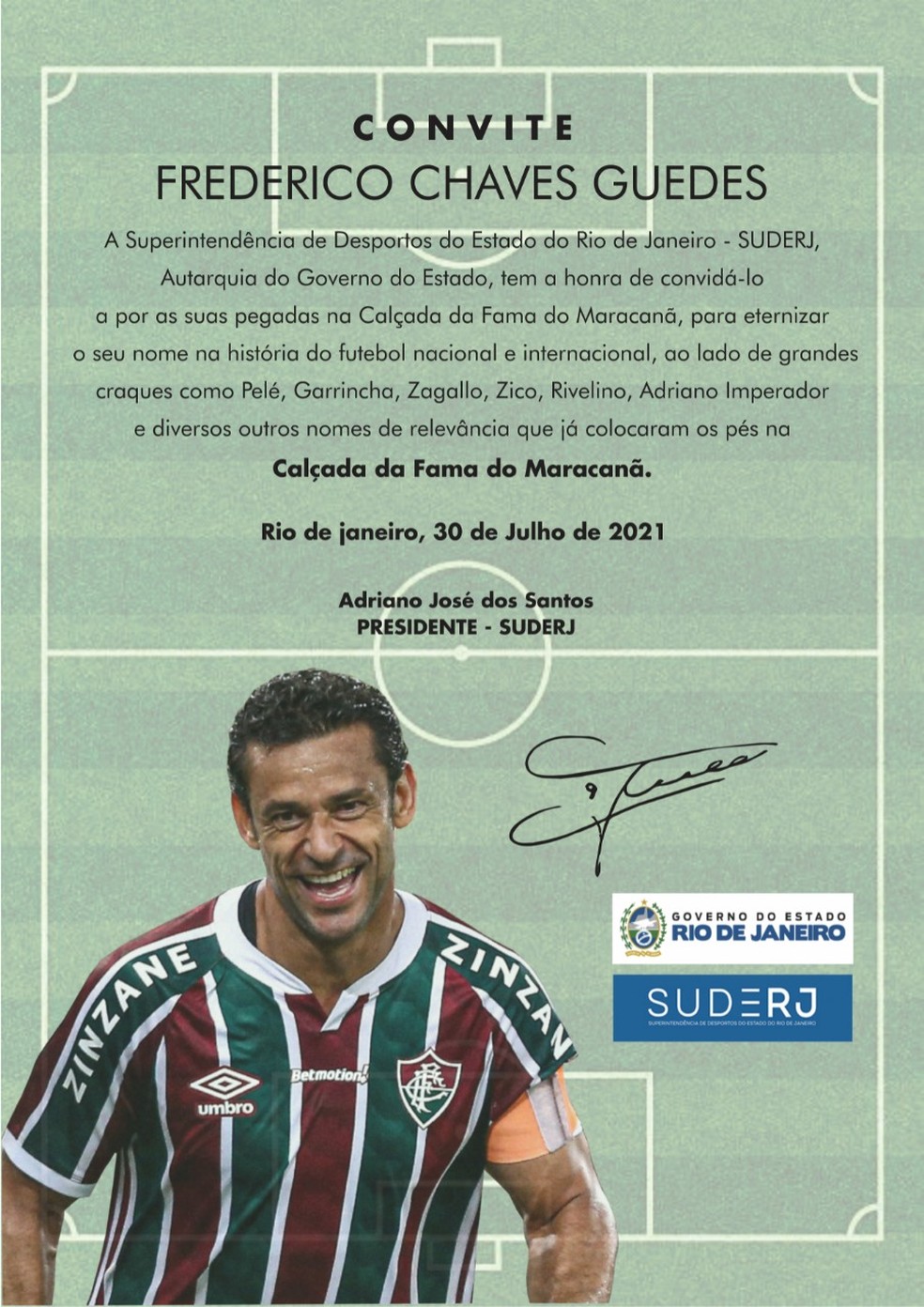 Convite da Calçada da Fama do Maracanã, que será entregue a Fred  — Foto: Divulgação