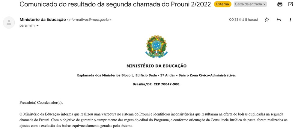 Comunicado do MEC afirma que houve erro na segunda chamada do Prouni &mdash; Foto: Reprodu&ccedil;&atilde;o