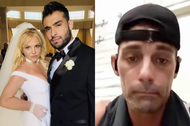 À esquerda, Britney Spears posa ao lado de seu marido, o ator Sam Asghari; à direita, Jason Alexander, ex-marido da cantora, em live tentando invadir a cerimônia (Foto: Reprodução/Instagram )