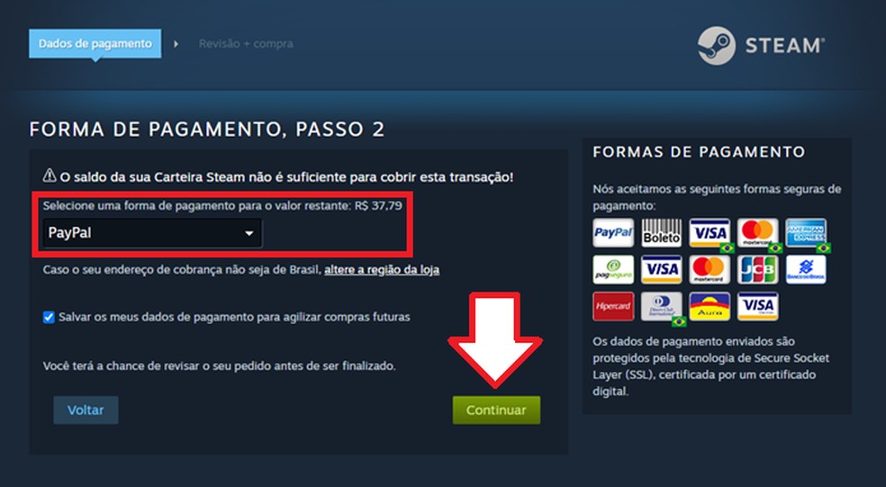 Escolha um método de pagamento e finalize a compra de Fall Guys — Foto: Reprodução/Clercio Rodrigues