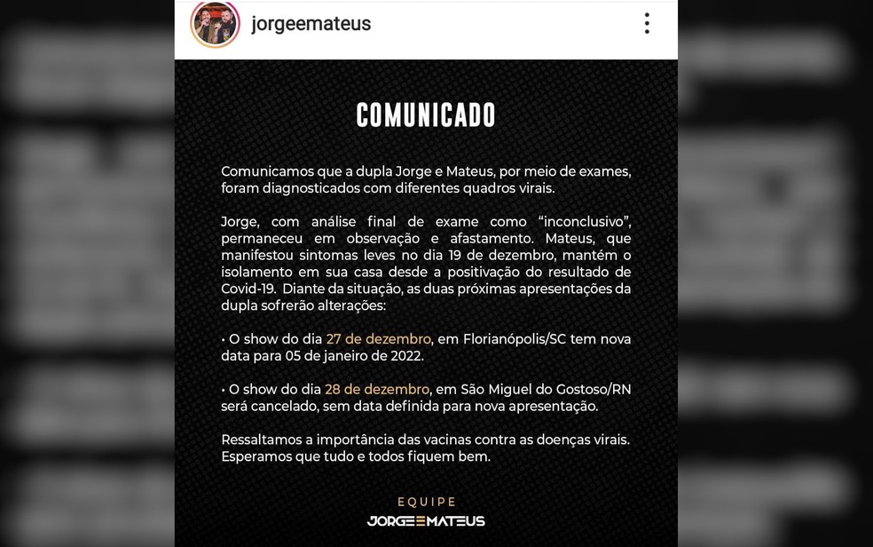 Shows de Jorge e Mateus so adiados aps cantores terem diagnsticos de diferentes 'quadros virais', em Gois  Foto: Reproduo/Instagram