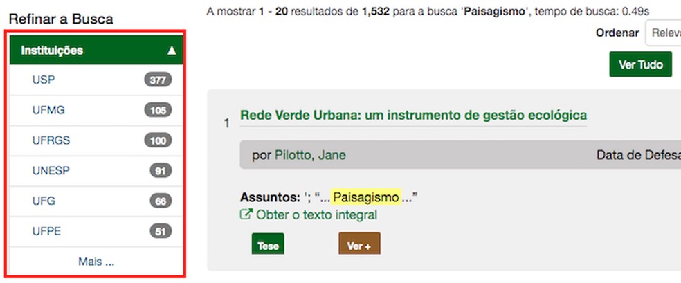 Ação para usar filtros para instituição na busca por dissertações do site da Biblioteca de Teses e Dissertações — Foto: Reprodução/Marvin Costa